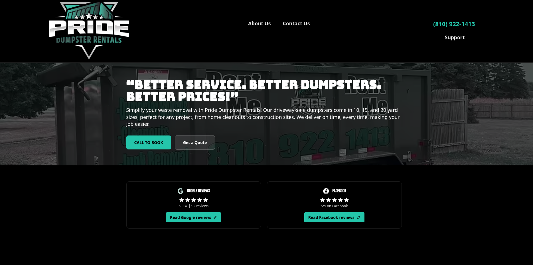 Pride Dumpster Rentals website preview